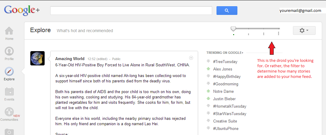 element of google plus - explore screenshot of google's explore function